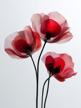 Translucent Red Poppy Flowers on a White Background, Birth Flower, Minimalist August Flower