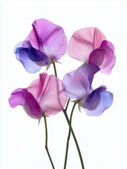 Translucent Pink & Purple Sweet Pea Flowers on a White Background, Birth Flower, Minimalist April Flower