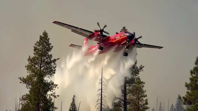 Aerial firefighting plane spraying forest fire