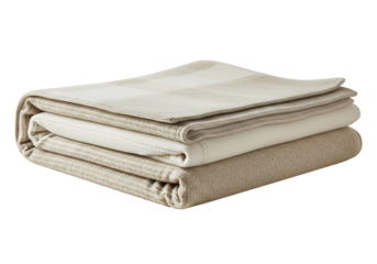 A folded, neutral-toned blanket displays a subtle striped pattern and layered texture.
