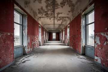 Fototapeta premium A Long, Desolate Corridor in a Derelict Building