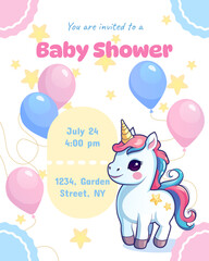 Baby shower invitation template with baby unicorn and balloons in pastel colors. New born Vector illustration