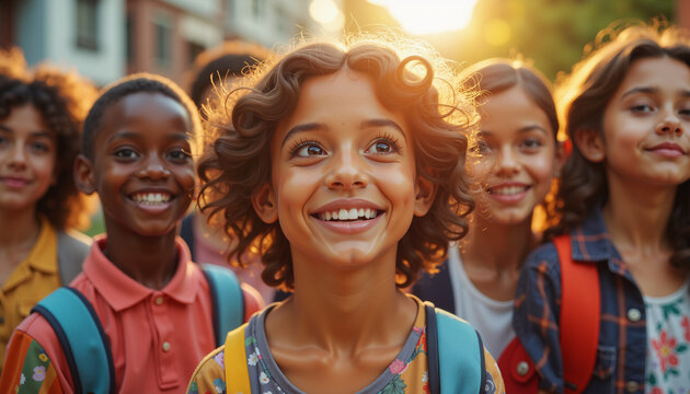 Multicultural schoolchildren smiling together in modern casual style  
