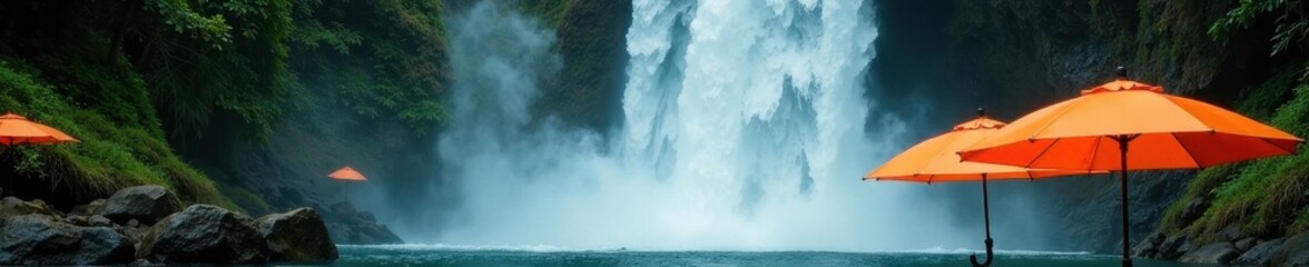 Several orange umbrellas at a powerful waterfall , texture, orange, outdoor