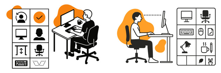 Home Remote Work Setup, Minimalist flat design, isolated on white