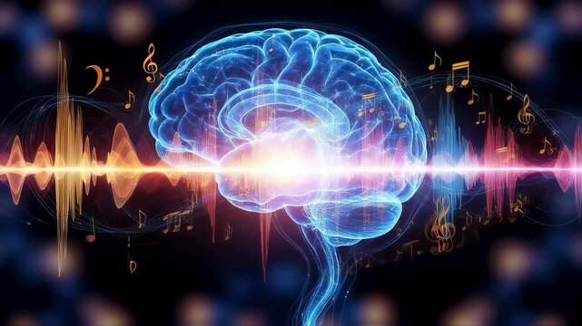 A stylized conceptual illustration of a human brain with glowing neural pathways vibrant sound waves and musical notes visually representing the connection between music