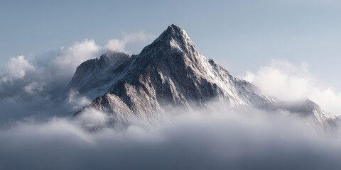Obraz premium Misty Mountain Peak Emerging from Foggy Horizon at Dawn