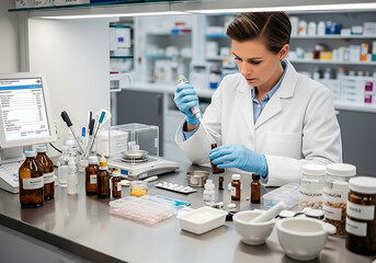 Woman in lab coat using pipette with brown bottle and scale in a laboratory setting with equipment ai generated