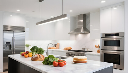 Modern kitchen interior with stainless steel appliances, marble countertops, and fresh ingredients like fruits, vegetables, and baked goods under bright overhead lighting