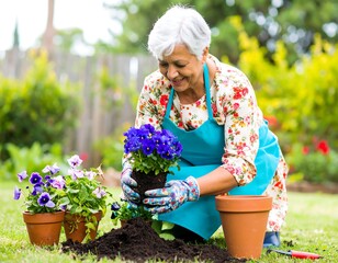 Delightful senior woman enjoying gardening with colorful pansies in backyard