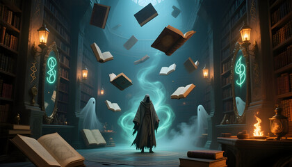 Enchanted Library with Floating Books and Glowing Spells