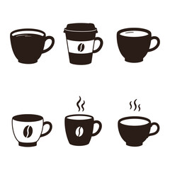 A set of six coffee cups with different designs and steam