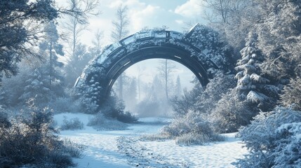 Futuristic spaceship tunnels amidst a snowy forest in a sci fi winter landscape setting