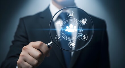 Businessman examines digital interface with glowing human resource icons and currency symbols