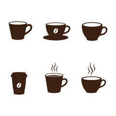 Brown coffee cups and mugs in different styles on white background