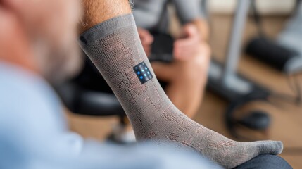 Close medium shot capturing smart compression sock texture and digital sensor cluster on calf shallow depth of field blurring out patient seated nearby emphasizing advanced edema