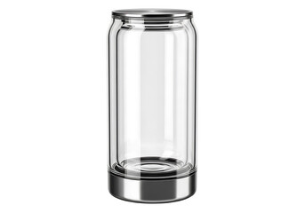 A clear glass beverage container with a metallic lid and base, showcasing simple elegance and modern design.