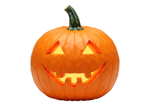 A stylized, low-poly pumpkin with a carved jack-o'-lantern face, illuminated from within, against a stark black background.