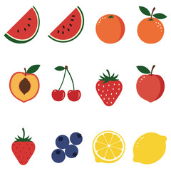 A colorful illustration of various fresh fruits on a white background