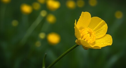 Vibrant yellow buttercup flower in a lush green meadow