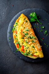 A perfectly cooked omelette filled with vibrant vegetables and fresh herbs, presented on a sleek dark slate plate. Ideal for a nutritious breakfast or brunch