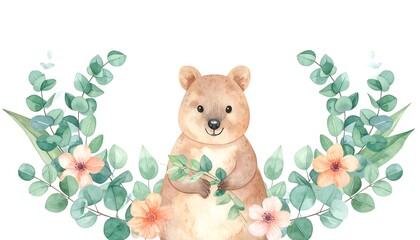 Cute kangaroo surrounded by flowers and leaves