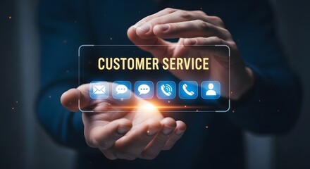 Hands holding glowing customer service icons and text in a digital interface
