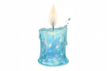 Water curving into candle silhouette, bright flame glowing, transparent background highlighting fluid sculptural form