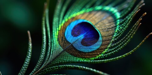 Close-up of a single peacock feather showcasing its eye pattern, macro photography, colorful, elegant