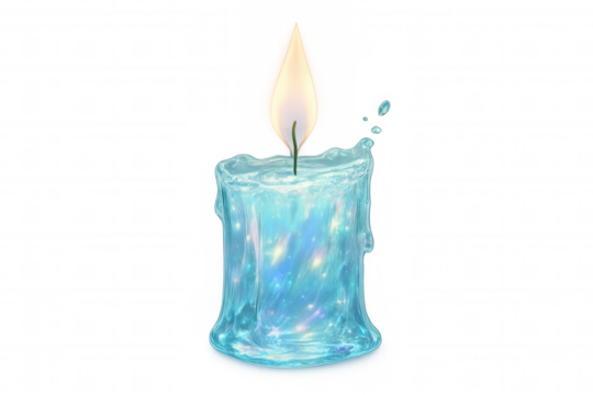 Water curving into candle silhouette, bright flame glowing, transparent background highlighting fluid sculptural form