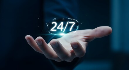 Hand displaying glowing 24 7 symbol representing constant availability and service