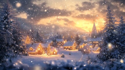 Naklejka premium Enchanting winter village blanketed in snow with twinkling lights and pine trees at sunset