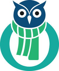 Stylized blue owl displays a green scarf within a circle against a transparent background