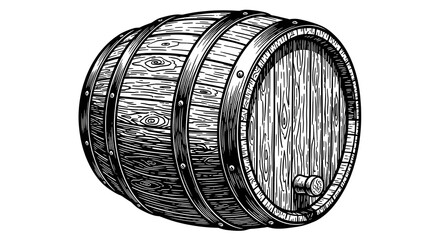 Wooden Beer Barrel Engraving &mdash; Vintage Coopered Oak Barrel with Metal Hoops and Tap Spigot &mdash; Detailed Black-and-White Etching for Brewery or Fantasy Art
