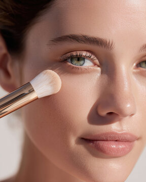 Close-up of a young woman applying powder with a soft makeup brush, showcasing smooth, radiant skin