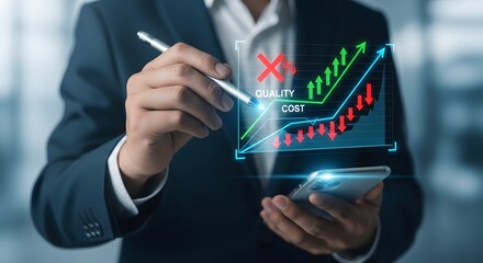 Businessman analyzing financial growth chart on digital interface with stylus and smartphone
