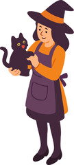 A smiling witch in a purple hat and apron is holding a happy black cat in her arms.