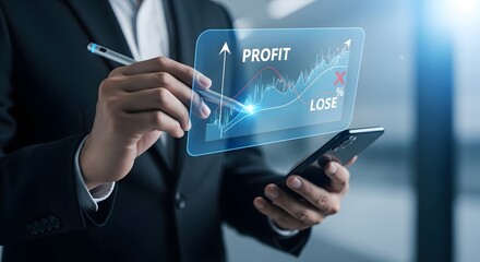 Businessperson analyzing financial data on a futuristic holographic display with smartphone