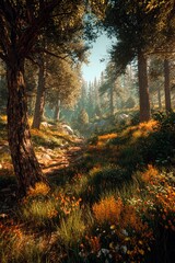 Obraz premium A serene path winds through a lush forest filled with tall trees and colorful wildflowers. Morning light filters through the leaves, creating a peaceful atmosphere
