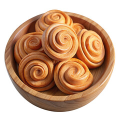 Fototapeta premium 3d cinnamon rolls in wooden bowl isolated on transparent background