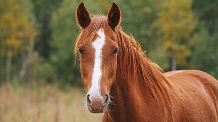 Obraz premium A brown horse with a white face stands in a field. The horse has a calm and peaceful expression on its face