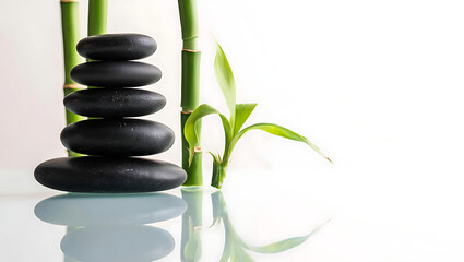 A stack of smooth black stones is balanced with green bamboo stalks and a fresh leaf, evoking a sense of zen and tranquility