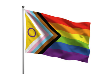 Intersex inclusive progress pride flag waving against a PNG background on a metal pole