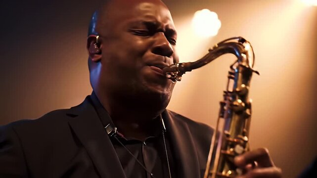 Jazzman Performing Solo on Saxophone with Stage Light in Dark Concert Hall