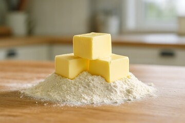 Butter and flour arranged for baking on wooden countertop in a cozy kitchen