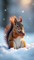 Tiny squirrel with nut, snowy landscape background , woodland creature, animal, winter