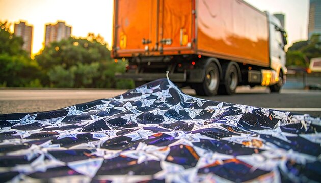 American flag on road, truck in background