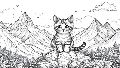 Cute kitten in mountain landscape