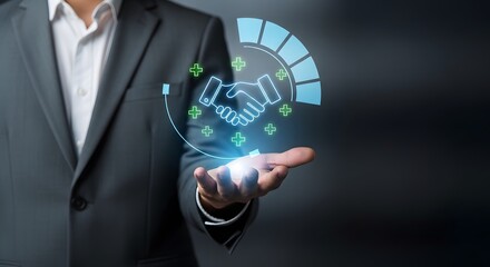 Businessman s hand presenting a glowing digital handshake with futuristic interface