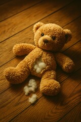 Obraz premium Stuffed bear lying on wooden floor with stuffing spilling out during nighttime
